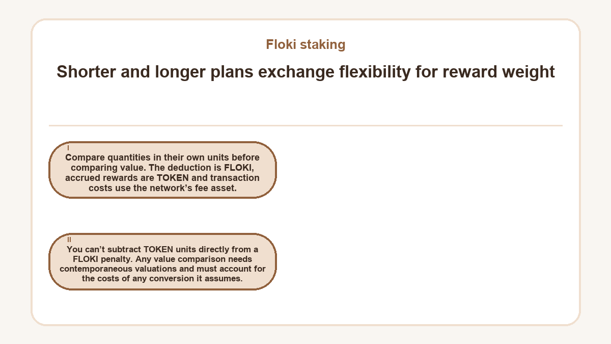 Shorter and longer plans exchange flexibility for reward weight: Compare quantities in their own units before comparing value. The deduction is FLOKI, accrued rewards are TOKEN and transaction costs use the network’s fee asset.; You can’t subtract TOKEN units directly from a FLOKI penalty. Any value comparison needs contemporaneous valuations and must account for the costs of any conversion it assumes.