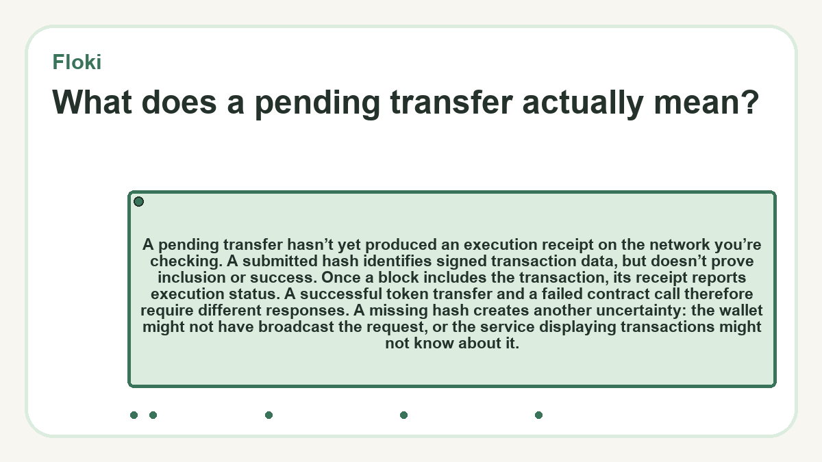 What does a pending transfer actually mean?: A pending transfer hasn’t yet produced an execution receipt on the network you’re checking. A submitted hash identifies signed transaction data, but doesn’t prove inclusion or success. Once a block includes the transaction, its receipt reports execution status. A successful token transfer and a failed contract call therefore require different responses. A missing hash creates another uncertainty: the wallet might not have broadcast the request, or the service displaying transactions might not know about it.