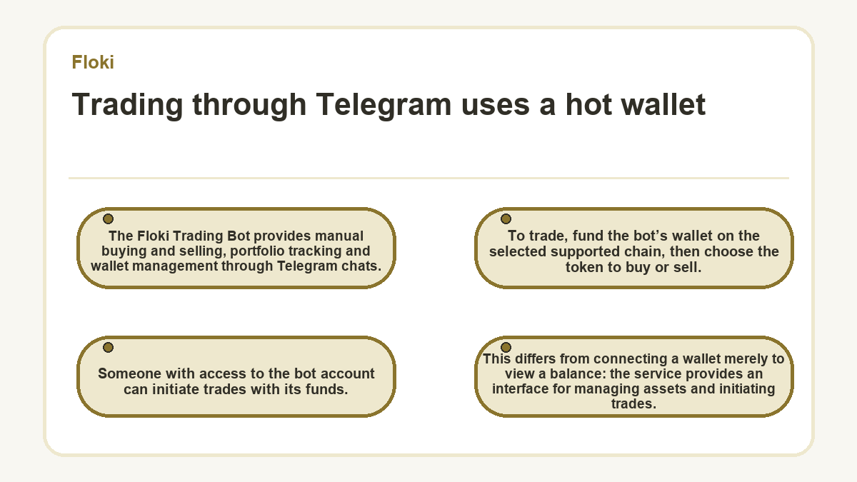 Trading through Telegram uses a hot wallet: The Floki Trading Bot provides manual buying and selling, portfolio tracking and wallet management through Telegram chats.; To trade, fund the bot’s wallet on the selected supported chain, then choose the token to buy or sell.; This differs from connecting a wallet merely to view a balance: the service provides an interface for managing assets and initiating trades.; Someone with access to the bot account can initiate trades with its funds.