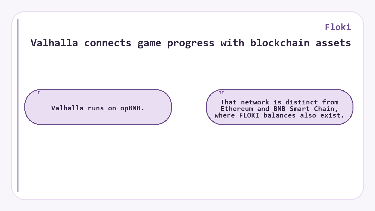 Valhalla connects game progress with blockchain assets: Valhalla runs on opBNB.; That network is distinct from Ethereum and BNB Smart Chain, where FLOKI balances also exist.